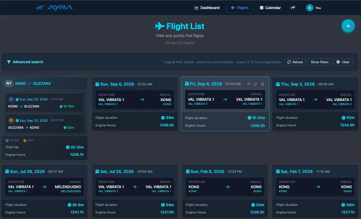 Flight list in the RB-Cloud predictive-maintenance platform: trips and round trips with flight duration and engine hours