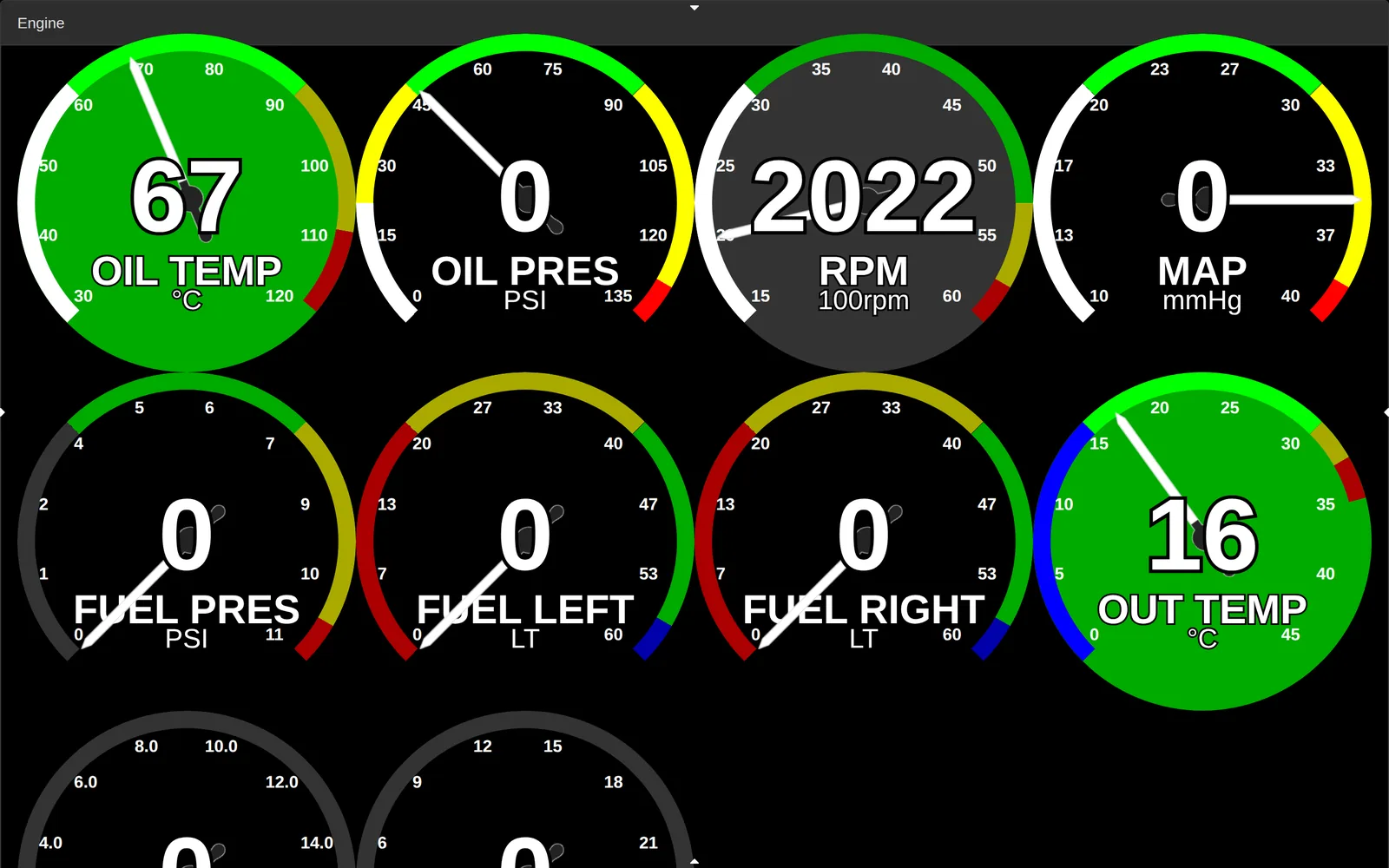 RB-01 engine monitoring page with oil temperature, RPM and outside temperature gauges