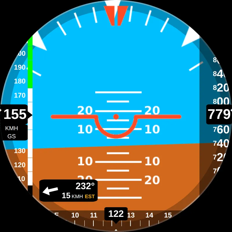 RB-01 attitude display at take-off: 155 km/h, 779 ft, heading 122