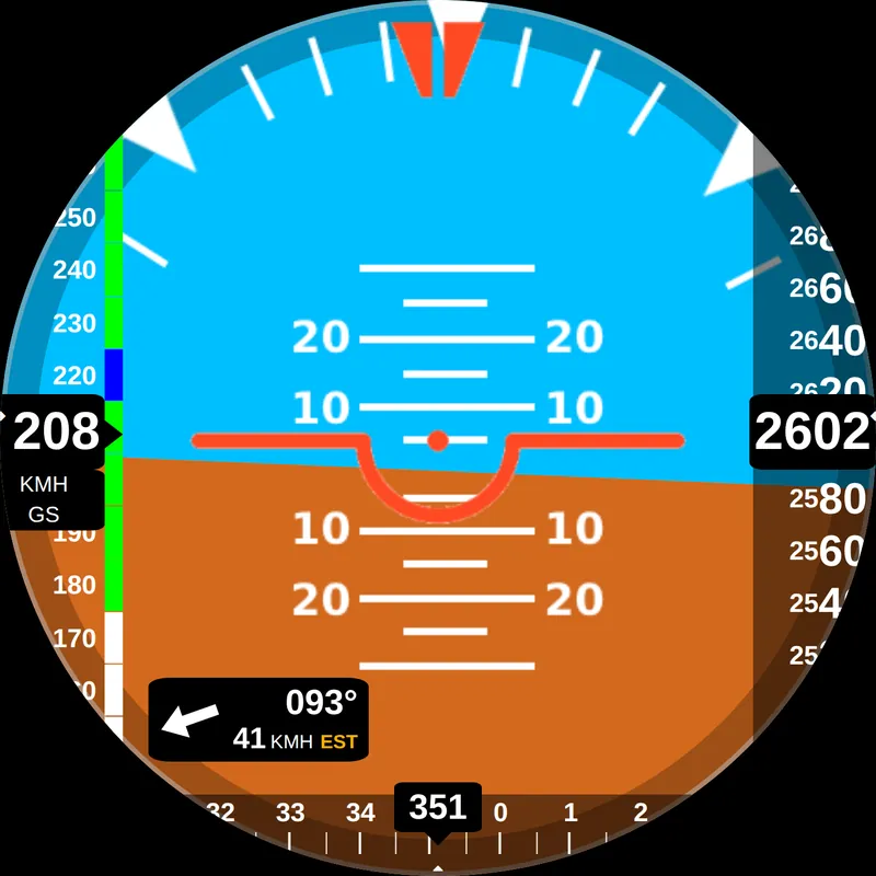 RB-01 attitude display in the climb: 208 km/h, 2602 ft, heading 351