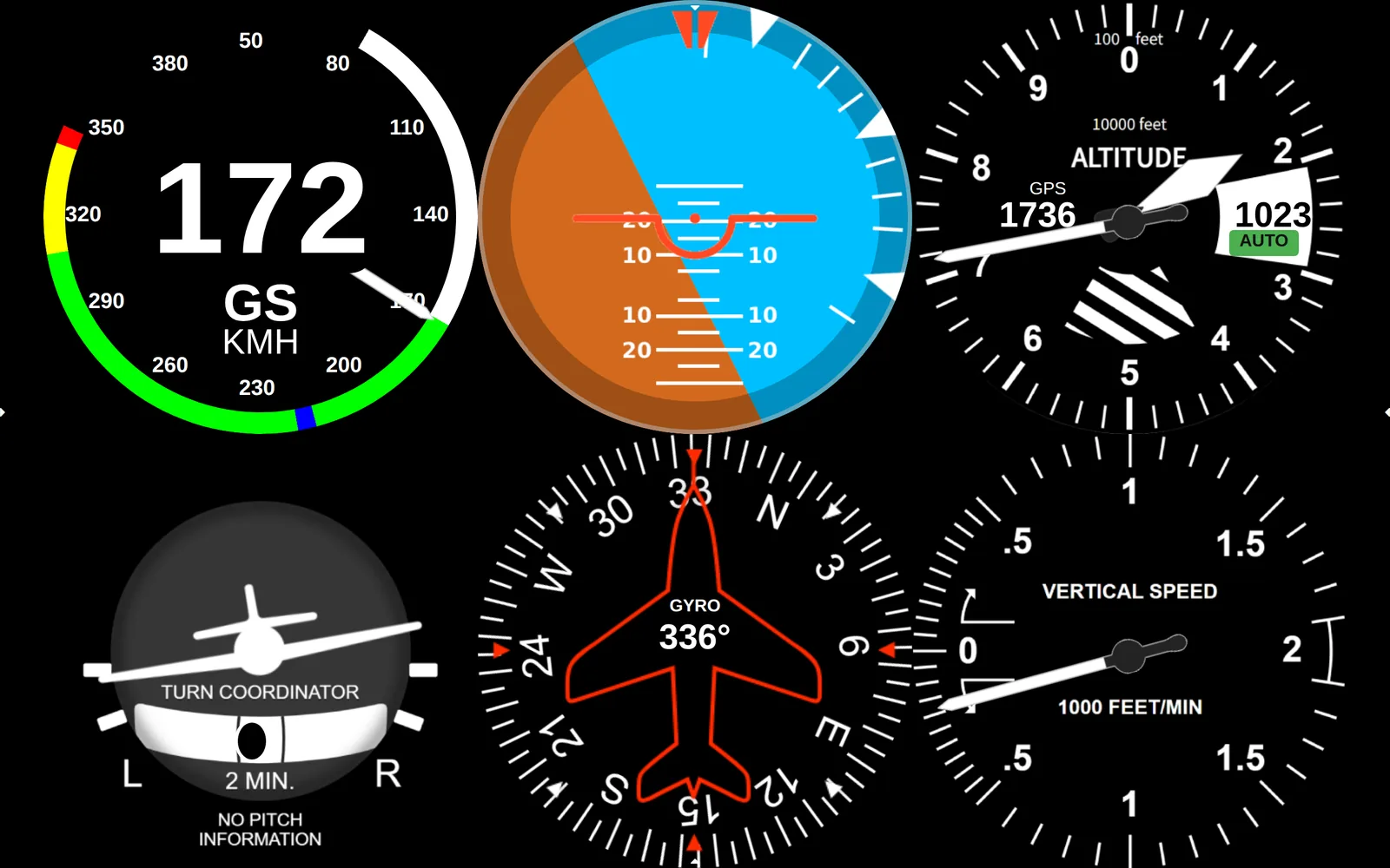 RB-01 six-pack page: airspeed, attitude, altimeter, turn coordinator, heading and vertical speed