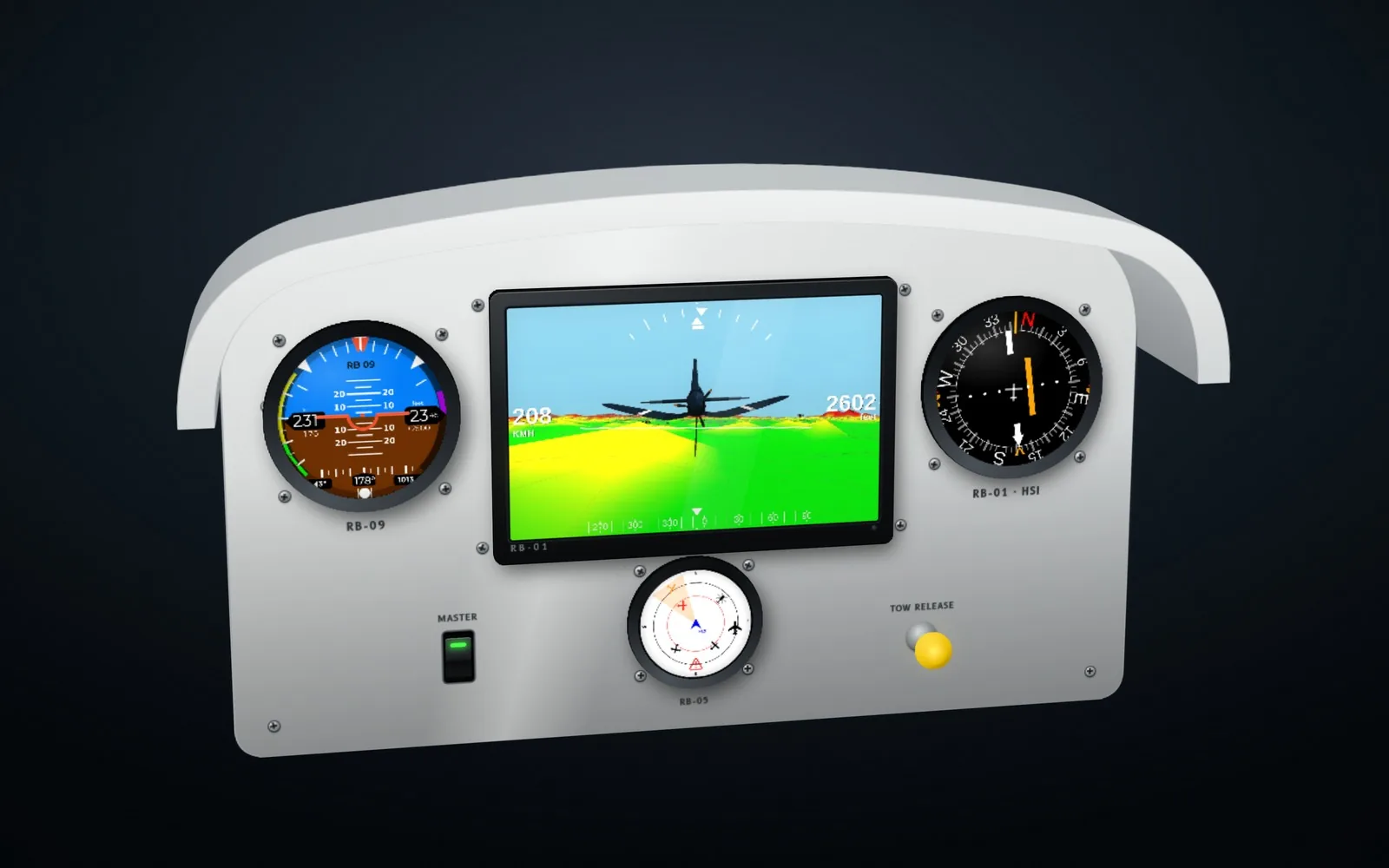 White glider instrument panel with its hood: an RB-01 synthetic vision screen, an RB-09 and an RB-01 HSI at 80 mm, and an RB-05 at 57 mm
