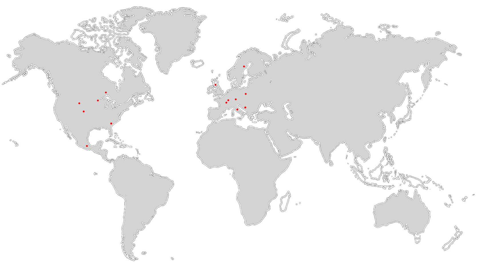 World map of RB-Avionics DIY kit builder locations in Europe and North America